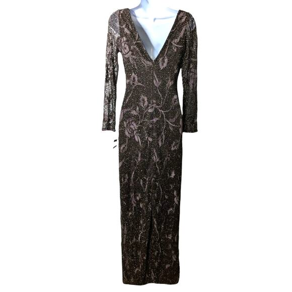 Aidan Mattox Beaded Embroidered Formal Gown Espresso Brown Long Sleeve New 4 - Picture 3 of 14